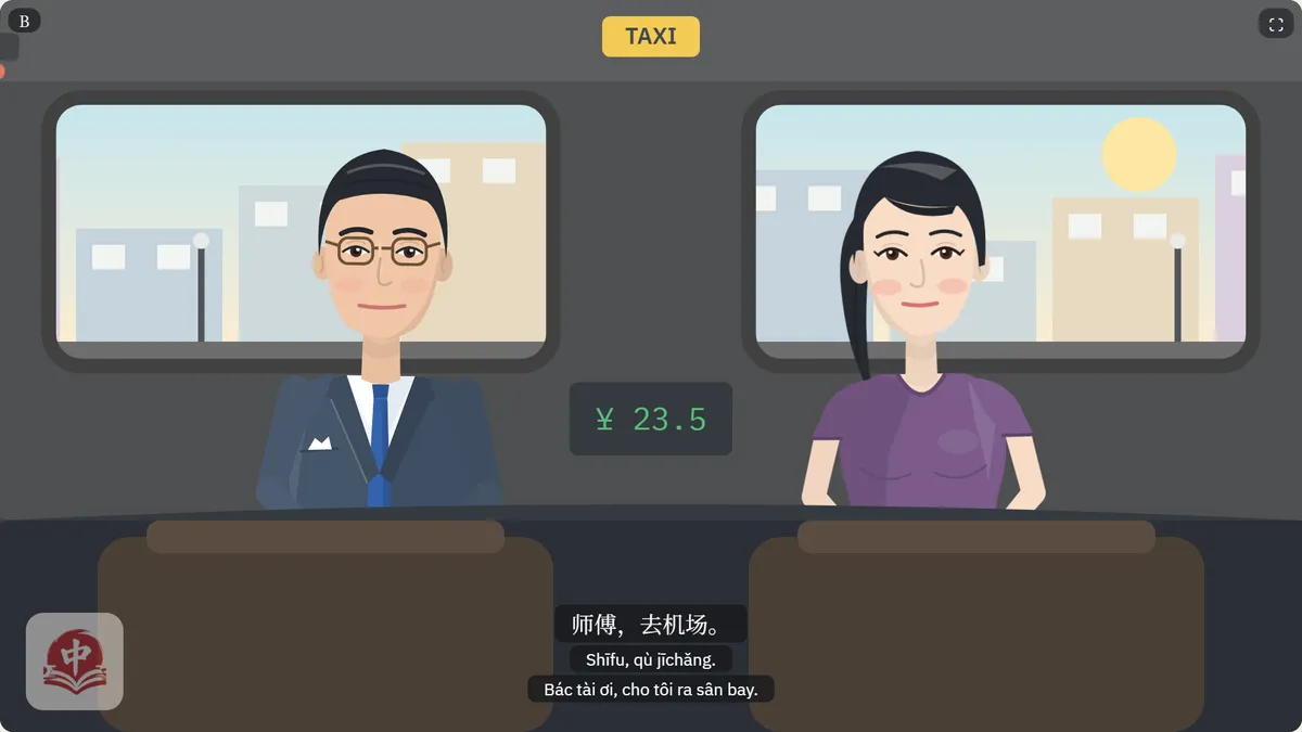 Video hội thoại trên 123tiengtrung.com: hai nhân vật trong taxi, phụ đề 师傅，去机场。 Shīfu, qù jīchǎng. Bác tài ơi, cho tôi ra sân bay.